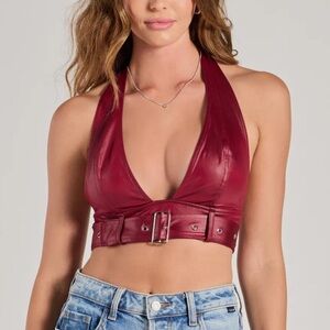 NWT Windsor Sultry Vibe Plunge Halter Faux Leather Crop Top